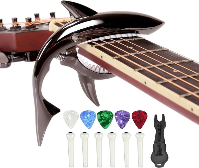 JINWEE Shark Capo for Electric Acoustic Classical Guitar with 6 Pcs Bridge Pins & Bridge Pin Puller Remover, Guitar Replacement Parts and Accessories Set - Image 1